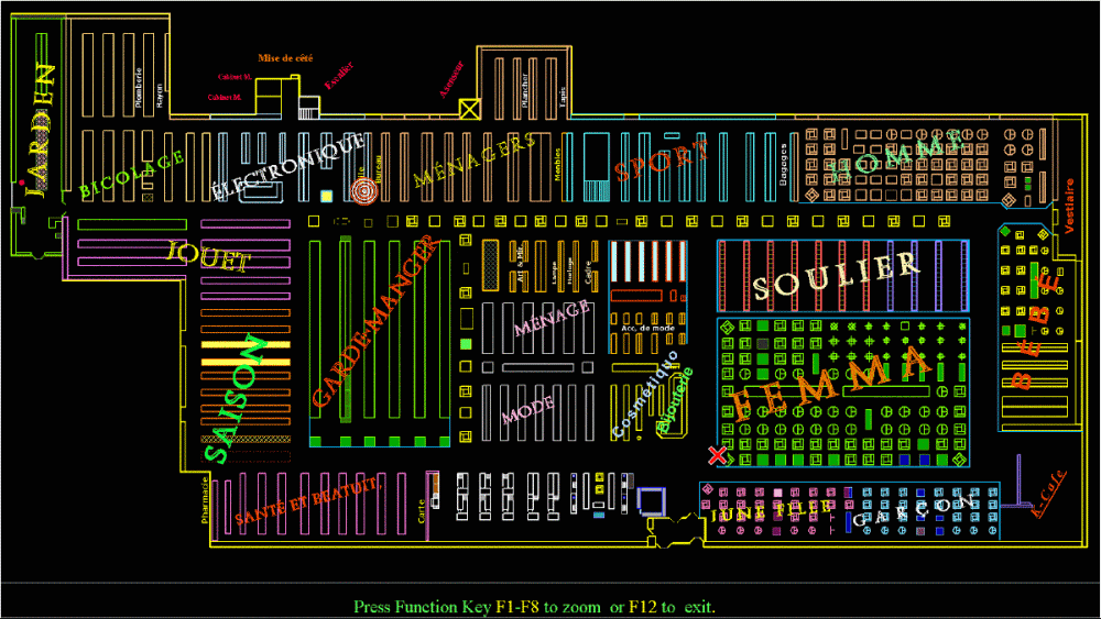 map0ff2.gif item found, the bull's eye, your location is X on the store map (in french)